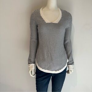 Talbots Women’s Small Striped V-Neck Sweater Ivory Black Long Sleeve Pullover